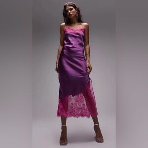 Topshop Contrast Lace Midi Slip Dress in Pink and purple